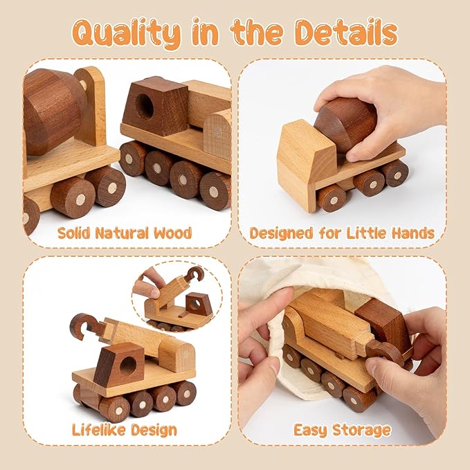Wooden Toy Cars for 3 Year Old Boys & Girls - Construction Vehicles Set Push Toys for Toddlers, Wood Montessori Car with Rolling Wheels, Natural Wood Toys (Crane & Concrete Mixer Truck)