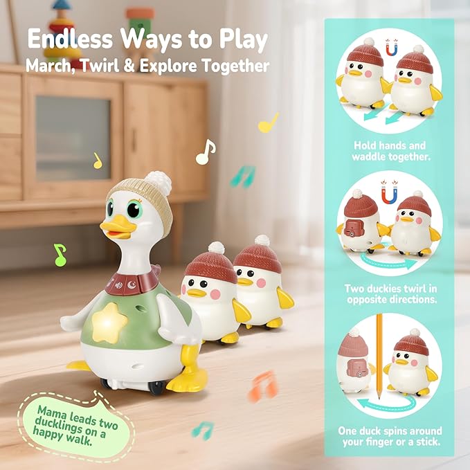 Hestiasko Baby Toys 6 8 10 12 Months, Tummy Time Duck Toy, Musical Dancing Duck Set with Lights & Sounds, Crawling and Interactive Sensory Learning Toy for Infants, Toddlers Gift for 1 Year Old Boy