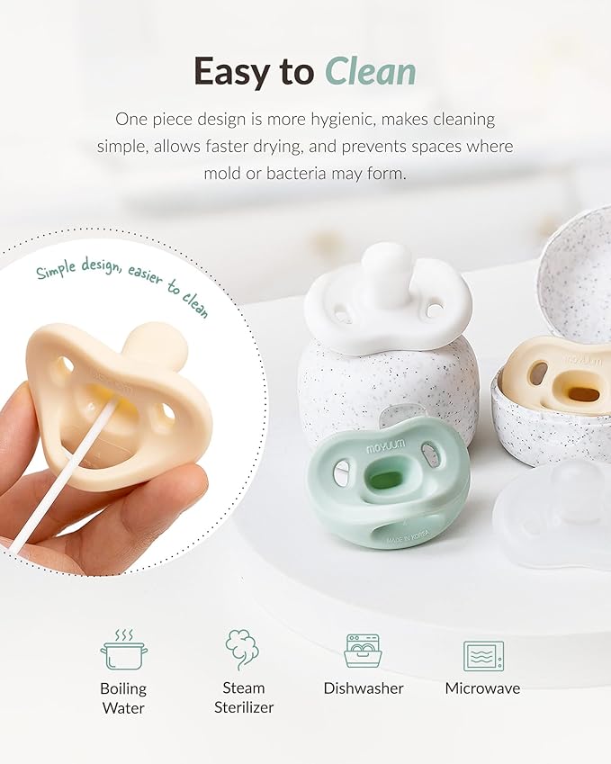 Moyuum Silicone Macaron Pacifier | Made in Korea, BPA Free One-Piece Design Baby Soother, Soft Orthodontic Shape with Air Holes, 2 Pack with Travel Case, Babies 3-6 Months (Blueberry+Natural, Stage 2)