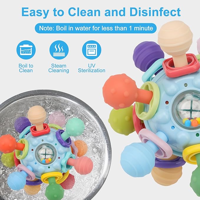 Easter Baby Teething Toys for 0-6 6-12 Months, Food Grade Teether Sensory Toys, Infant Sensory Chew Rattles Toys, Perfect Baby Easter Basket Stuffers & Easter Gifts