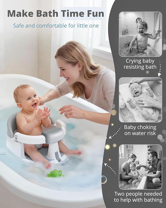 ONTHEWEI Baby Bath Seats for Babies Sitting Up, Non-Slip Baby Bathtub with 3 Suction Cups, Safe & Comfortable Toddler Bath Seat Ideal for Baby Bath/Shower Support, Stable Design, Grey (6-24 Months)