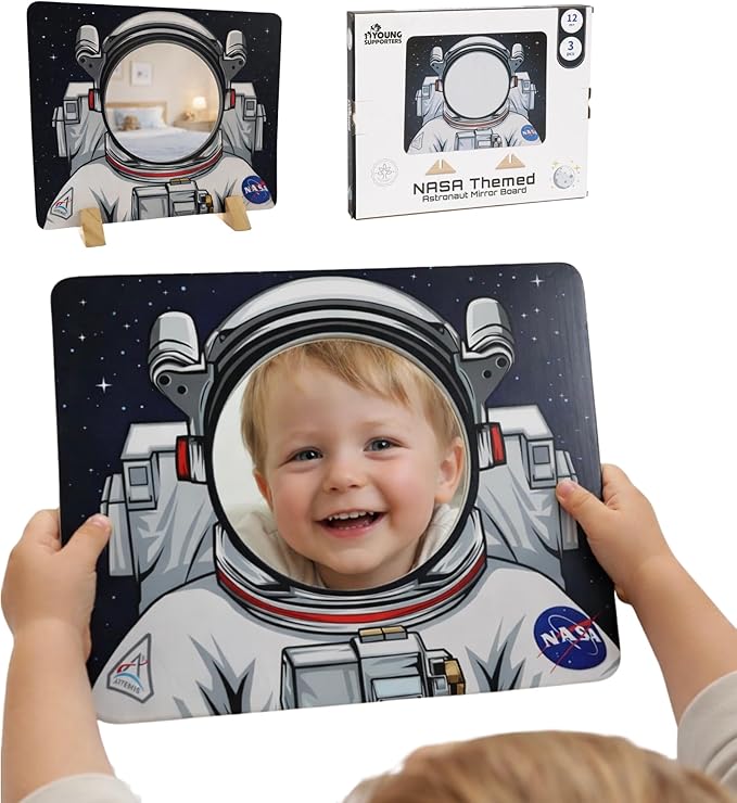 NASA Themed Astronaut Mirror for Toddlers & Kids – Montessori-Inspired Wooden Toy & Space Toy | Kids Room Decor | Shatterproof Mirror for STEM & Early Development | Boys and Girls Gift Ages 1-10