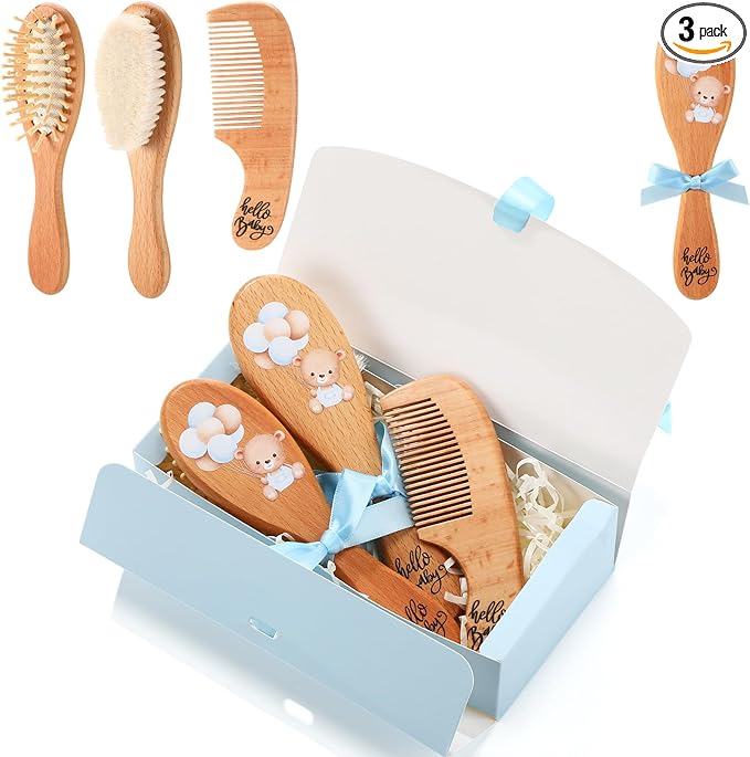 Teenyyou 3 Pcs Baby Hair Brush and Comb Set for Newborn Baby Grooming Kit with Gift Box Wooden Toddler Cradle Cap Brush with Soft Bristle for Boys and Girls Newborn Showers Registries Gift