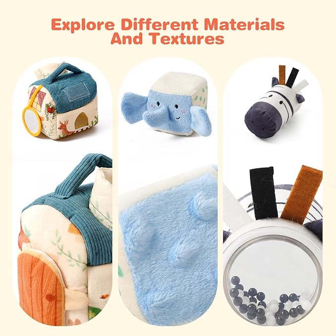 Youuys Travel Sensory Soft Barn Toys for Babies 6-12 Months & Toddlers 1-3 Year Old On-The-Go Montessori Stuffed Animal Plush Playset with Crinkle, Rattle, Safe Mirror Educational Gifts for Boy Girl