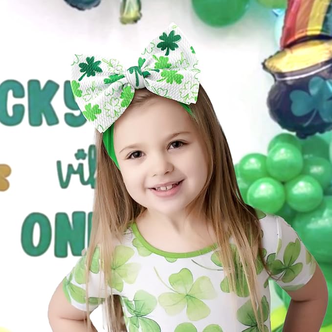 6” Large St Patricks Baby Bows Shamrock Clover Headbands Hairband Green Nylon Bows for Newborn Girls Infants Toddlers St Patricks Day Hair Accessories