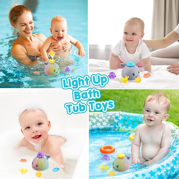 Gigilli Baby Bath Toys with 4 Modes, Bath Toys for Kids Ages 1-3, 1 Year Old Boys Girls, Easter Basket Stuffers for Babies 6-12-18 Months, Light Up Whale Bath Toy Toddler Birthday Bathtub Toy
