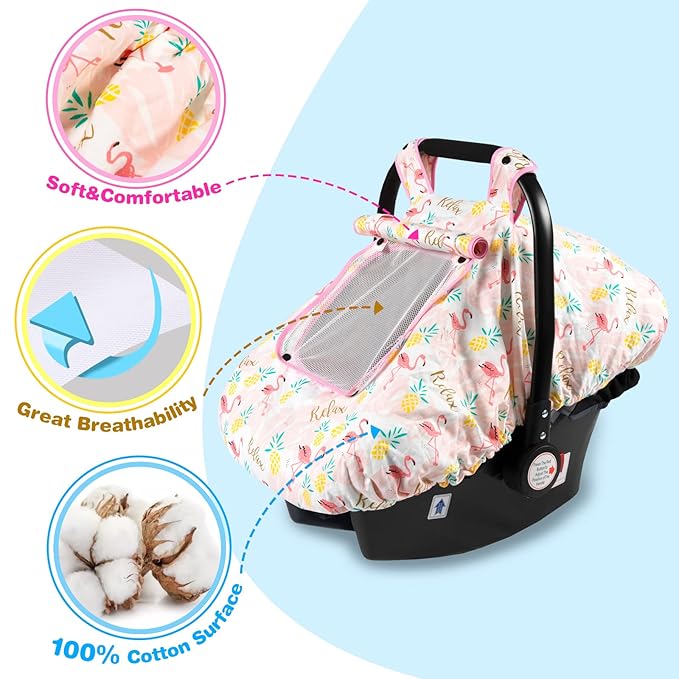 SMTTW Baby Car Seat Cover - Universal Fit, Snug, Breathable, Canopy for Boys/Girls, Ideal for All Seasons (Flamingo)
