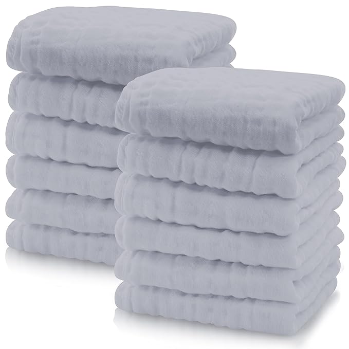 Cute Castle 12 Pack Muslin Baby Washcloths - Large 12'' by 12'' - Ultra Soft 100% Cotton - Super Absorbent Burp Cloths for Unisex, Boy, Girl -Slate