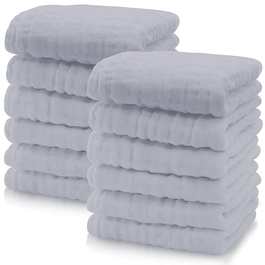 Cute Castle 12 Pack Muslin Baby Washcloths - Large 12'' by 12'' - Ultra Soft 100% Cotton - Super Absorbent Burp Cloths for Unisex, Boy, Girl -Slate