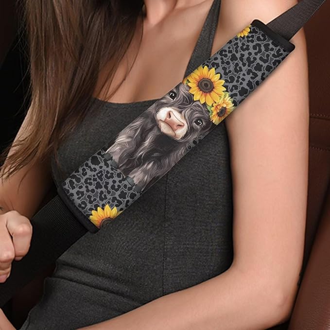 UNICEU Blake Leopard Highland Cow Auto Seat Belt Cover 2 Piece Set Cheetah Car Accessory Anti Slip Automotive Seatbelt Shoulder Pads for Women Men