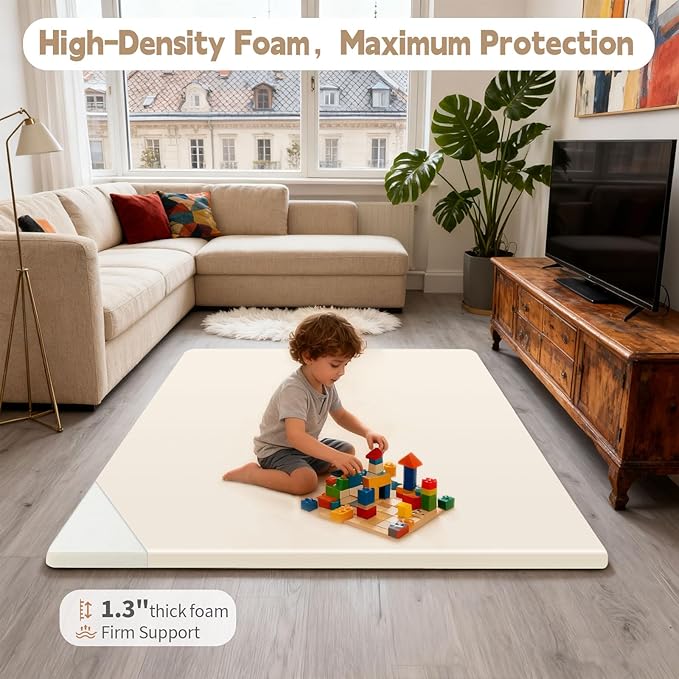 PU Leather Baby Play Mat for Floor, 50"×50" Playpen Mat, 1.3" Thick Elasti-Foam, Non-Slip Crawling Mat for Tummy Time, Waterproof & Wipe-Clean Playmat for Toddler,Infant, Kids (Beige)