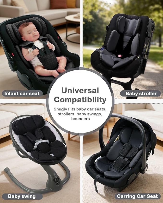 Infant Car Seat Insert Adjustable Head Support for Preemie Newborn Toddler, Reversible Baby Head Body Support Cushion for Carseats and Strollers Side Impact Protection - Black