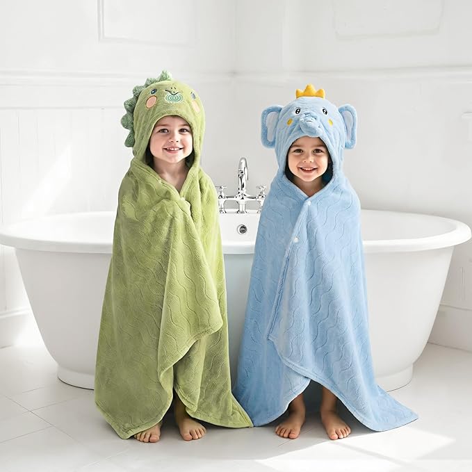 6 PCS Toddler Bath Towel Set for Boy Girl 0-5 Year, 2 PCS Thick Absorbent Hooded Baby Bath Towels Large 55" x 27.5" & 4 PCS Washcloths, Ultra Soft Gifts for Infant, Toddler, Kids, Dinosaur & Elephant
