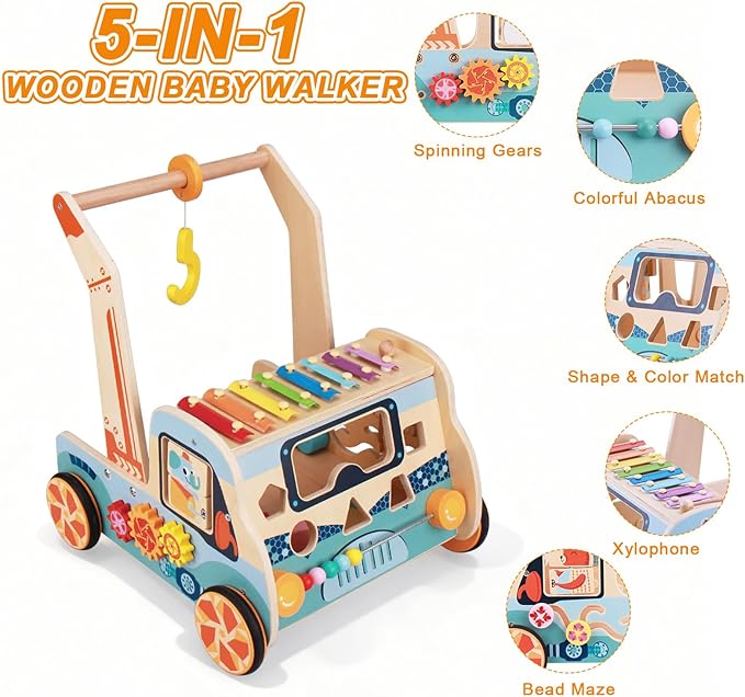 Wooden Baby Walker with Activity Center – Montessori Push Toy for Boys & Girls | Sit-to-Stand Walker for 10-12 Months & Toddlers 1-3 Years, Learning to Walk Gift