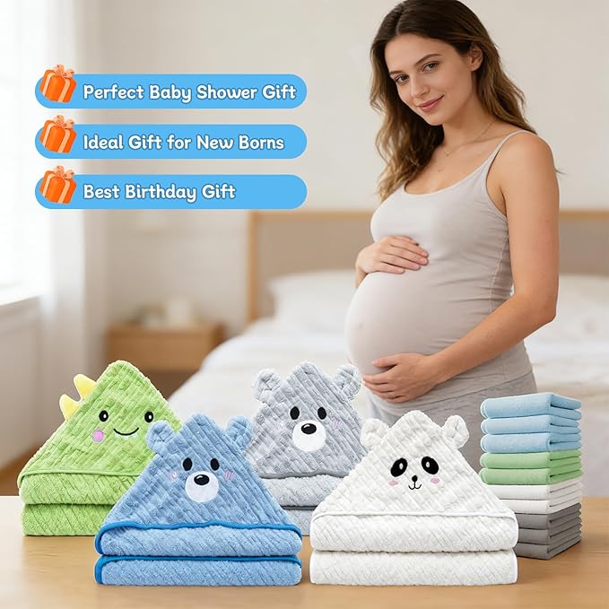 14 PCS Baby Bath Towels Set, 4 PCS Animal Hooded Baby Towels & 10 PCS Washcloths, Ultra Soft & Absorbent Newborn Bath Towels for Infants Toddlers