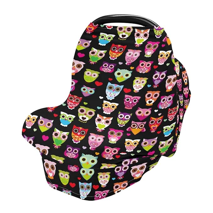 Cute Colourfull Owl Baby Car Seat Covers, Nursing Cover Breastfeeding Scarf Soft Breathable Stretchy Coverage, Infant Stroller Cover for Boys Girls