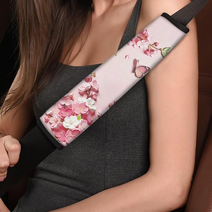 AFPANQZ Auto Seat Belt Covers for Adults Children 2 Pack Safety Seatbelt Pad Cushion Kit Butterfly Peach Blossom Universal Daiper Bag Backpack Shoulder Straps Pads Comfortable Universal