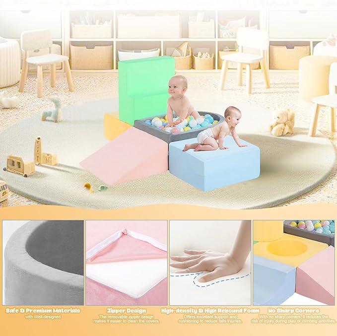 MIND&ACTION Toddler Climbing Toys Indoor, Baby Foam Climbing Blocks with Ball Pit for 1-3 Years Old, 6-Piece Soft Play Set Climbing Blocks, Climb Crawl Activity, Birthday (Balls not Included)