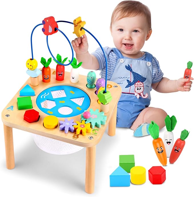 WINGYZ Activity Table, 6 in 1 Wooden Montessori Activity Center with Bead Maze Shape Sorter Fishing Game, Kids Sensory Play Table Toddler Toys 1st Birthday Gifts Boy Girl(Rainbow)