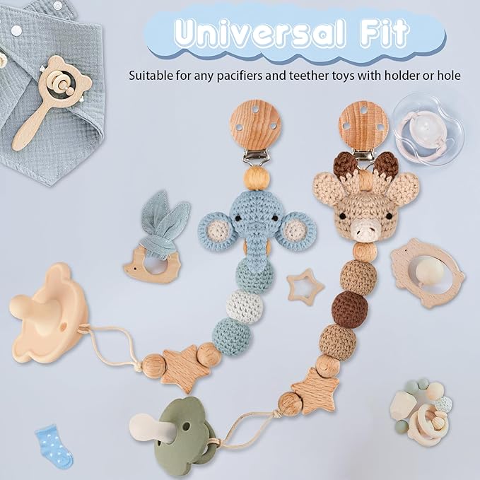 Pacifier Clip, 2 Pack Pacifier Holder for Boys and Girls, Cute Deer Handmade Knitted Christmas Pacifier Clip Fits for Most Pacifier, Baby Teethers, Baby Shower and Baby Gift(Elephant&Deer)