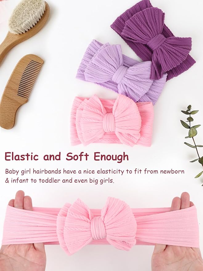 DRESHOW BQUBO Handmade Baby Headbands Soft & Stretchy Hair Bands with Bows Nylon Bows Hairbands for Girls Newborn Infant Toddlers Hair Accessories 3 pack