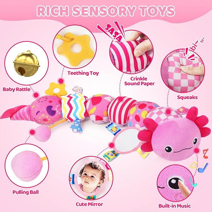 Baby Toys for 0-6 6-12 Months, Plush Axolotl Toy with Crinkle and Rattles for Infant Newborn, Sensory Music Animal Stuffed Toy for 0 1 2 3 4 5 6+ Month, Tummy Time Toys Gifts for 0-3-6-12 Months,Pink