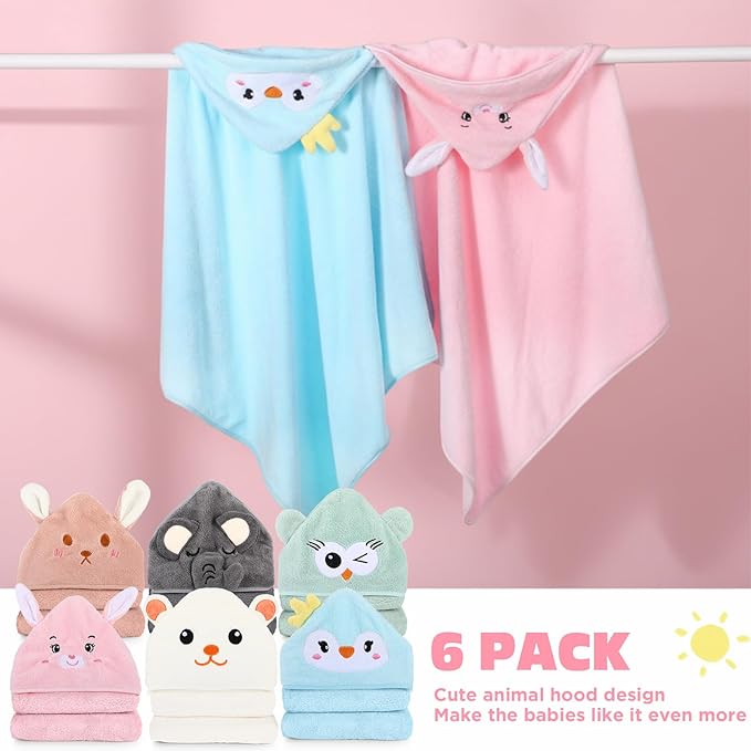 SmoothNovelty 6 Pack Baby Hooded Towels Infants and Toddlers Coral Fleece Baby Bath Towels 31.5 x 31.5 Inch Absorbent Cute Soft Newborn Bath Essentials Gifts for Boys & Girls(Multicolor,Vivid)