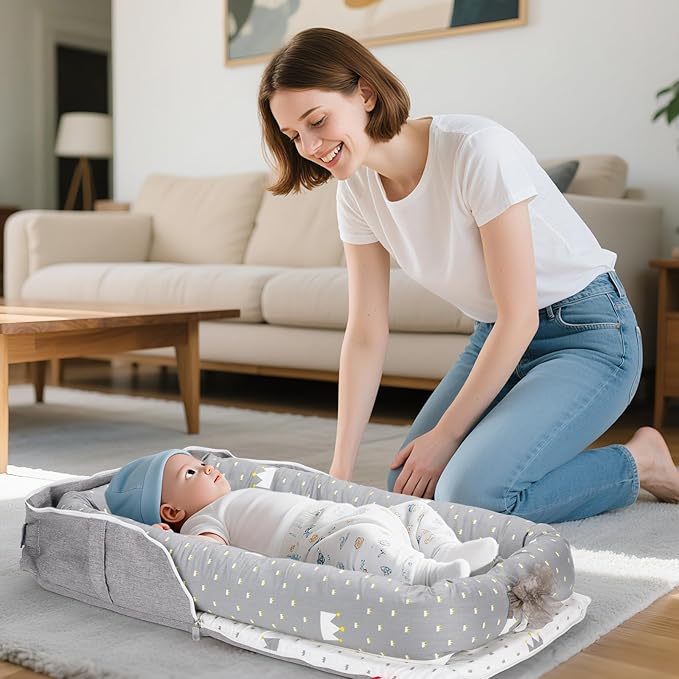 Baby Lounger for Newborn-Portable Baby Lounger 0-24 Months for Home and Travel,Newborn Loungers with Strap, Baby Nest Lounger Adjustable Size,Crown Grey