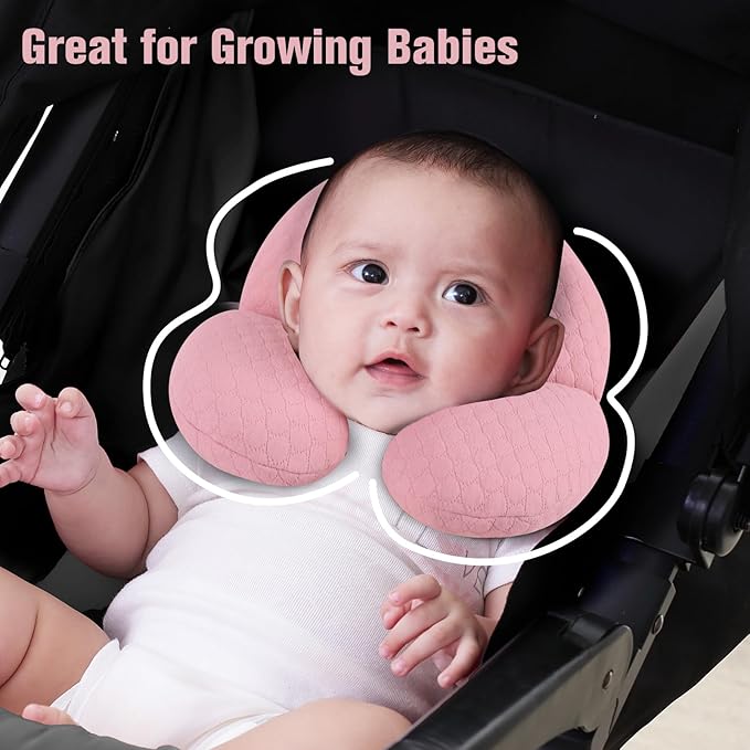 KAKIBLIN Baby Travel Pillow,Upgraded Baby Neck Pillows for Car Seat,Baby Support Pillow,Infant Neck Pillow for Toddler Head and Neck,Newborn Head Support for Car Seat,Pushchair (Pink)