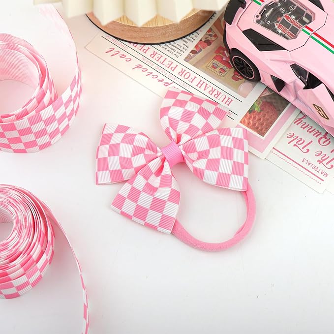 Pink Hair Bows for Girls Racing Baby Bow Checkered Flag White Bow Elastic Nylon Headband for Infant Toddler Newborn Hair Accessories Gift