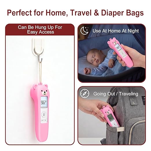 Cute Bear Silicone Thermometer Case Compatible with GoodBaby No-Touch Thermometer, Soft Anti-Drop Protective Cartoon Animal Cover Helps Calm Babies During Temperature Checks - Pink