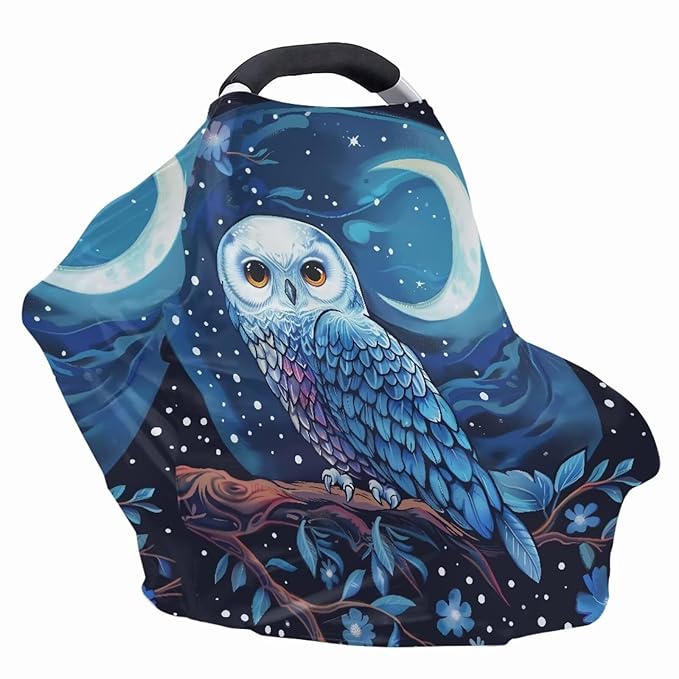 Forchrinse Blue Owl Moon Sky Print Baby Car Seat Canopy,3D Animal Print Nursing Breastfeeding Scarf for/Shopping Cart/High Chair/Stroller Cover
