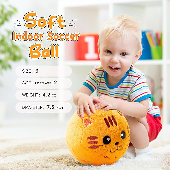 VangeBow Silent Indoor Soccer Balls for Toddlers 1-3, Inflatable Soft Plush Baby Toddler Soccer Ball Toys Gifts for 1 2 3 4 5 Year Old Boy Girl First Birthday Gift (Orange Cat, Pump Include)
