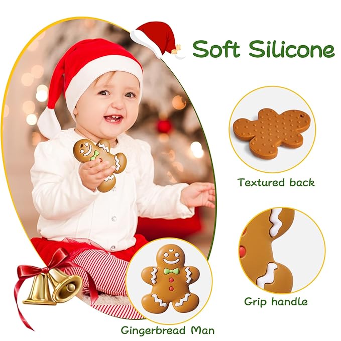 NCVI Christmas Teether, Baby Teething Toys for 0-6 6-12 Months, My First Christmas Silicone Chew Toys, First Christmas Gifts for Baby Boys and Girls, Ideal Toddlers Stocking Stuffer, Gingerbread Man