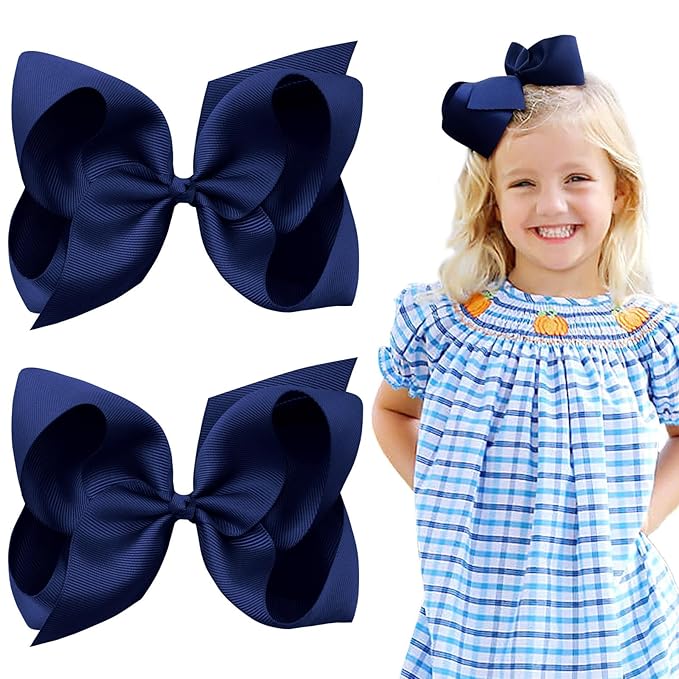 Oaoleer Navy Layered Grosgrain Ribbon Barrettes Hair Clips, Hair Accessories for Baby Girls, Infants, Toddlers, Kids, Teens, Children (6inch-Type A)