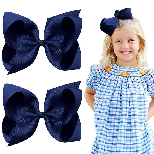 Oaoleer Navy Layered Grosgrain Ribbon Barrettes Hair Clips, Hair Accessories for Baby Girls, Infants, Toddlers, Kids, Teens, Children (6inch-Type A)