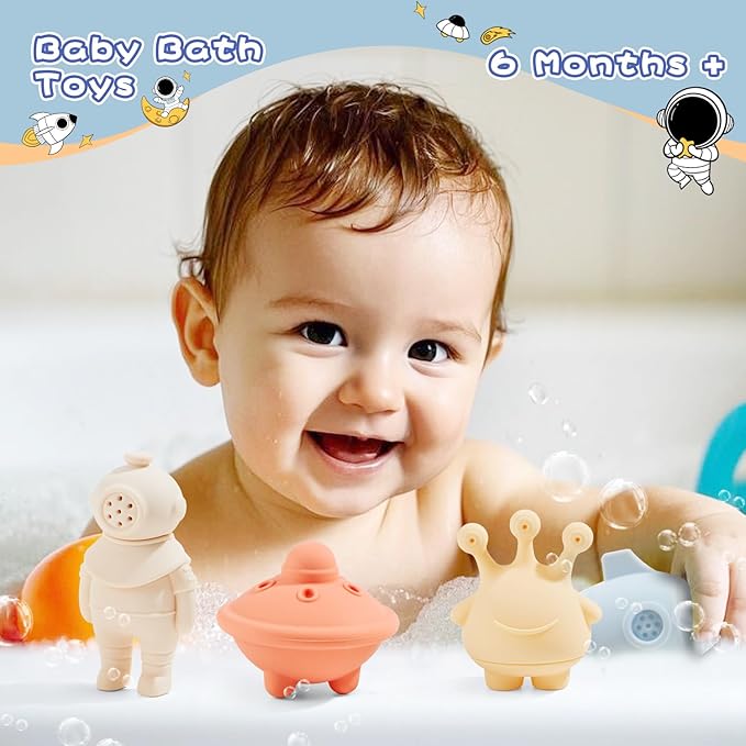 AMCHSURI Bath Toys, Space & Rocket 4 Pack | Dishwasher-Safe & Mold Free Silicone Bath Toys | Soft, Squeezable & Float on Water | Soft & Easy-Grip Baby & Toddler Bath Toy Set | Baby Pool Toys
