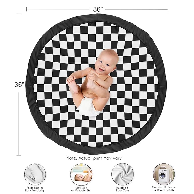 Sweet Jojo Designs Baby Play Mat (Black and White Gingham Checkered Plaid) for Boys or Girls, Infant, Toddler Tummy Time Activity Floor Playmat (Vintage, Classic, Checkerboard, Racing Flag, Geometric)