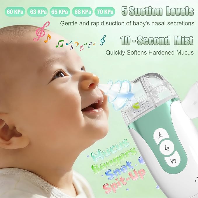 Smart Baby Nasal Aspirator, 2-in-1 Electric Nose Sucker for Toddlers with Spray, 5-Level Suction, Soothing Music, 2 Silicone Tips, USB-C Charge, Storage Case | Nasal Aspirator for Baby (Olive Green)