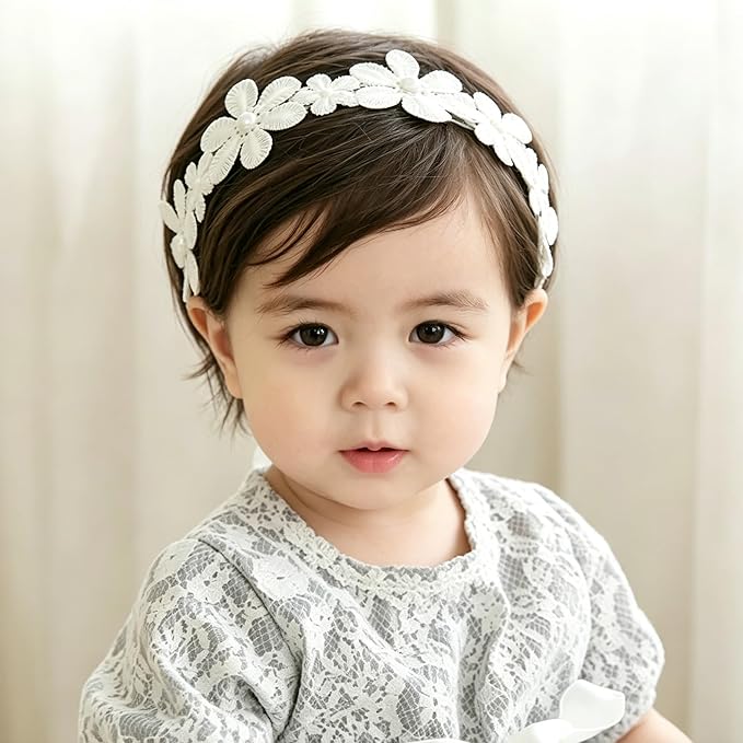 Baby Girls Flower Headbands Cute Kids Christening Headband Soft Lace Hairbands Floral Crown Newborn Infant Toddlers Hair Accessories for Birthday Party Photography(Big White Flower)