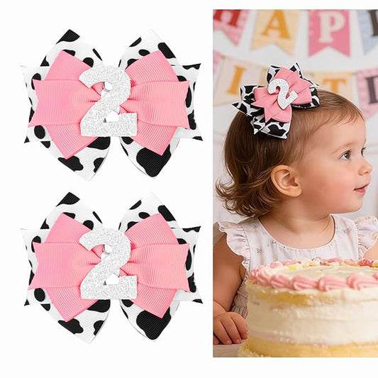 Cow Print Birthday Bow Hair Clip, Pink Farm Animal Theme 2 Year Old Hair Bow Clip Accessory for Toddler Girls Party Baby Shower Decor