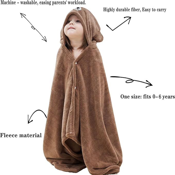 Toddler Baby Bath Towel with Hood 27.5"X55" Ultra Absorbent Soft Cozy Comfort Bathrobe Blanket, 0-6 Years Infant Shower Towel for Girls & Boys(Brown Bear)