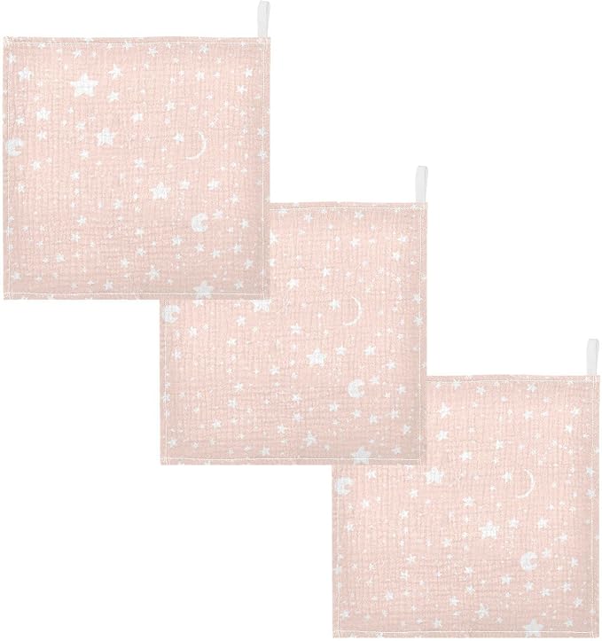 vvfelixl Baby Muslin Washcloths, Moon Star Baby Burp Cloths, Cotton Baby Face Towel for Newborn Infants Boys Girls Soft and Absorbent 11.8 X 11.8 in, 3 Pack Pink
