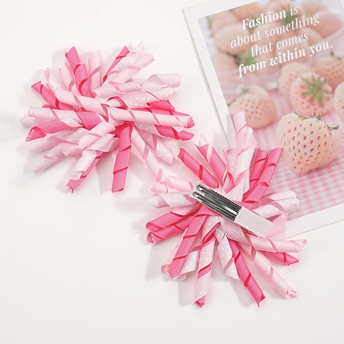 Yxiang 2PCS Pink Korker Bows for Girls 3'' Curly Bow Hair Clip Ribbon Ponytail Bows Alligator Clip Hair Barrette for Girls Toddlers Kids (Pink)