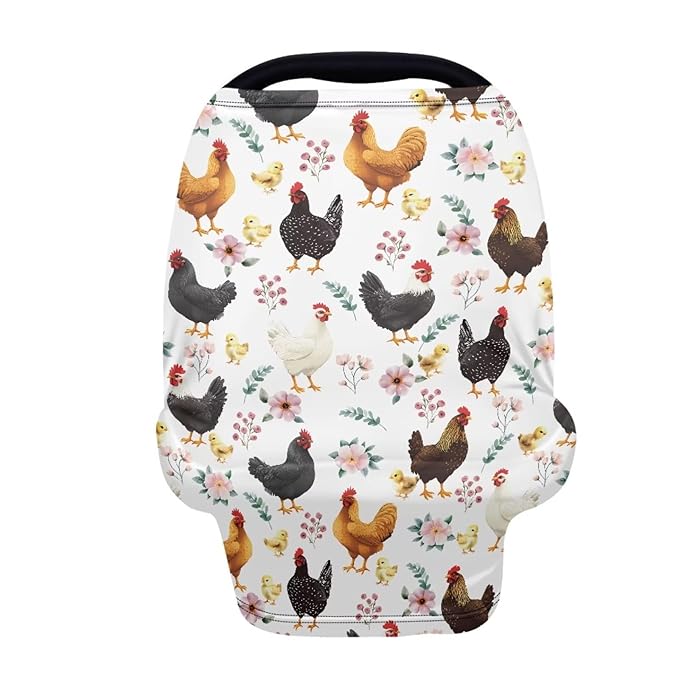 Binienty Babies Car Seat Cover - Rooster Floral Car Seat Covers for Baby Girls Boys Stretchy Multi-Use Breastfeeding Scarf for Moms, Newborn Essentials Baby Shower Gifts