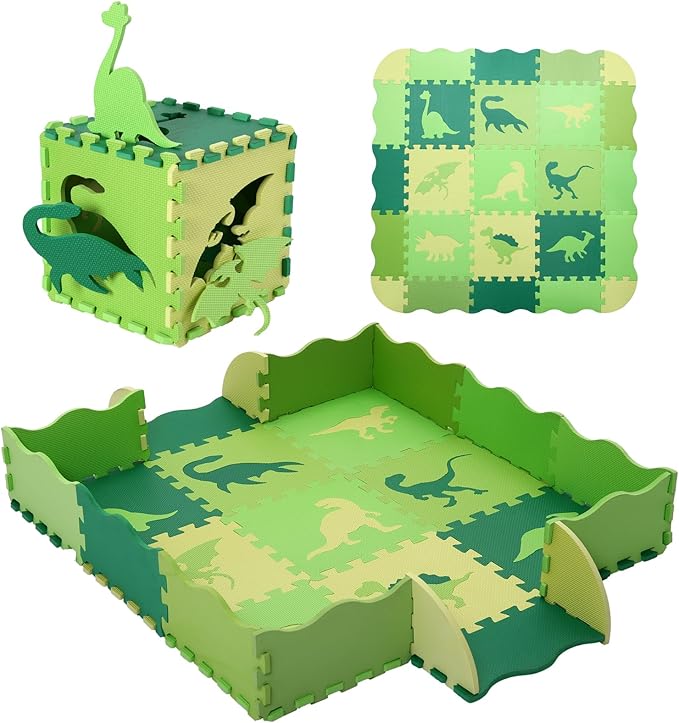 Foam Play Mat for Kids，25Pcs Square Interlocking Puzzle Floor Mat，Baby Play Mat Floor Mat Foam Puzzle Playmat for Toddlers with Fence - Green Dinosaurs