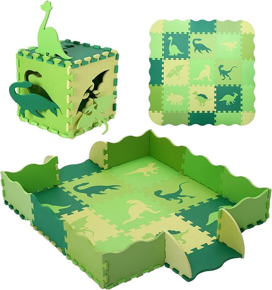 Foam Play Mat for Kids，25Pcs Square Interlocking Puzzle Floor Mat，Baby Play Mat Floor Mat Foam Puzzle Playmat for Toddlers with Fence - Green Dinosaurs