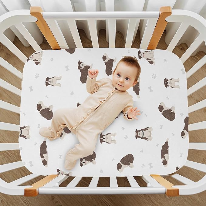 Fitted Crib Sheets English Bulldog Dogs Stretchy Portable Playard Sheets for Baby Toddler, Breathable Soft Mini Crib Mattress 52 x 28 in for Boys and Girls