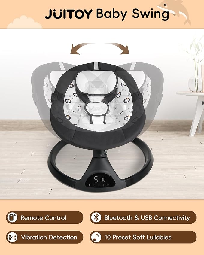 Baby Swing for Infants to Toddler Electric Newborn Swing with 5-Speed 5-Point Carabiner,with Bluetooth Music 10-Preset Melodies, Indoor and Outdoor use Black