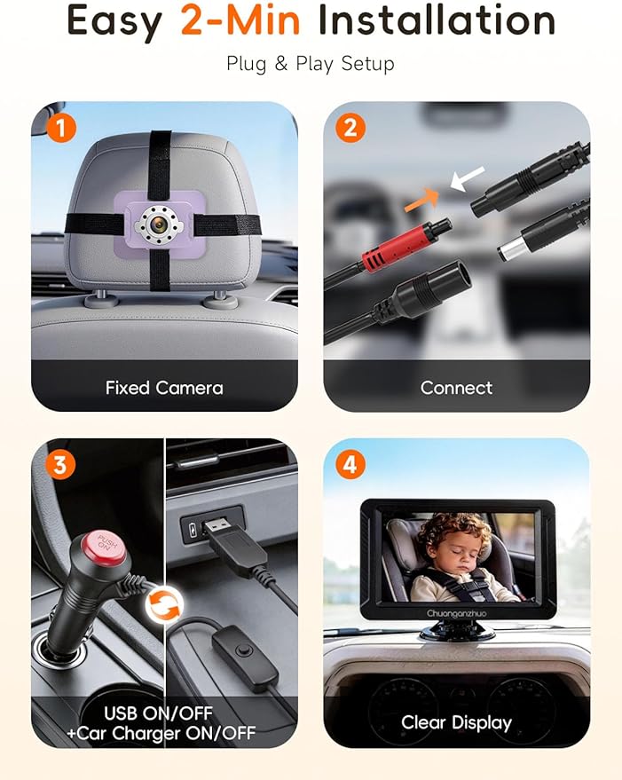 S100C Baby Car Camera USB Powered, Crystal Clear Auto IR Night Vision in Total Dark, Adjust Brightness & 1080P 5" IPS Monitor, 3X Zoom & 360° Rotating Carseat Camera for Rear or Forward-Facing Infant
